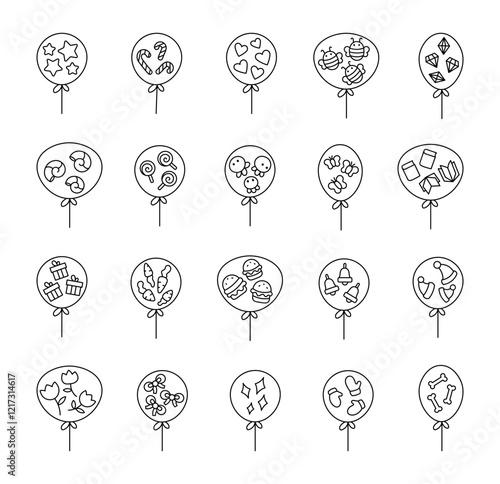 Festive decorative balloon set featuring unique outline illustrations of hearts, stars, lollipops, jellyfish, butterflies snails, gifts, books, and other charming celebration elements.