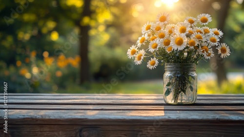 Bright daisies in a jar on a rustic table surrounded by nature at sunset