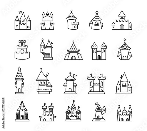 Fortress set of outline illustrations, medieval castles with towers, gates, spires, walls, roofs, doors, arches, windows, flags, stair, fortifications and architectural decorations