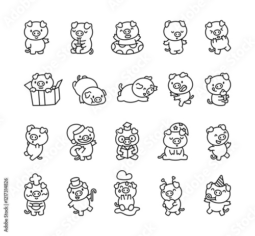 Cute kawaii pig cartoon character set with various emotions, joyful expressions, creative delightful poses, and animal themed designs for celebration and relaxation illustrations