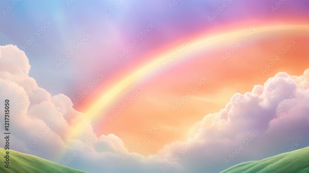 a dazzling rainbow arching across a vibrant sky, with clouds painted in rich shades of orange, pink a dazzling rainbow arching across a vibrant sky, with clouds painted in rich shades of orange, pink