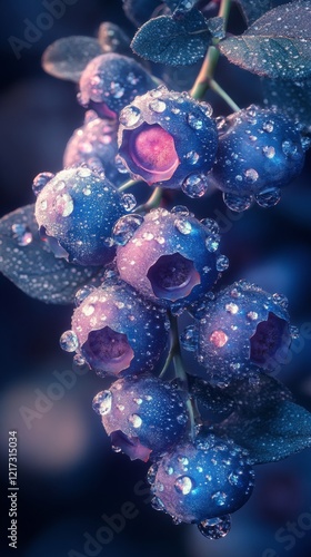 Fresh blueberries with droplets after rain in a lush green environment