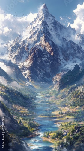 Scenic mountain valley with a flowing river under a bright sky and majestic p...