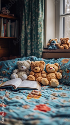 Cozy afternoon with teddy bears gathered around an open book in a sunlit room