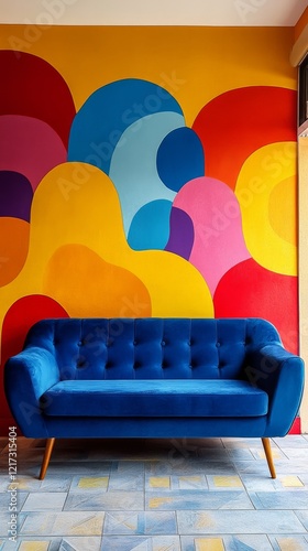 Vibrant blue sofa against colorful abstract wall design in modern interior space