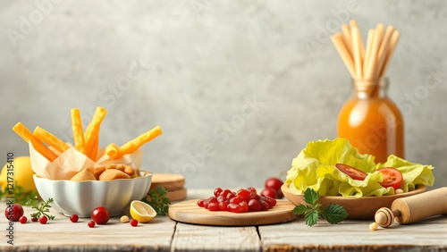 Healthy Snack Variety Cheese Crisps, Mini Pies, Salad, and Cranberries on Rustic Wooden Table