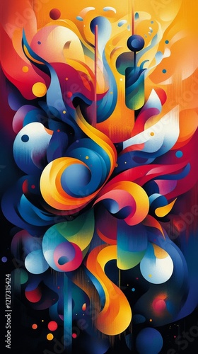 Colorful abstract artwork featuring vibrant swirls and shapes on a dark backg...