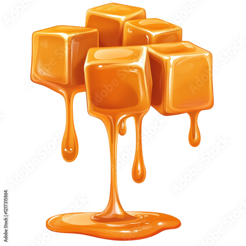 A digital illustration shows several melted caramel cubes with dripping caramel forming a puddle below. photo