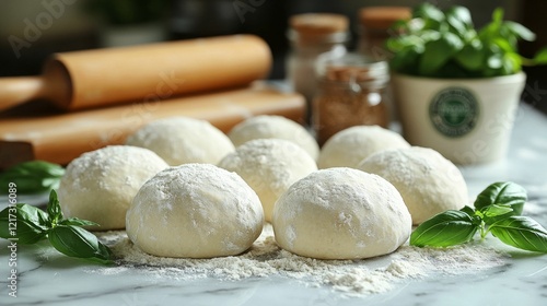 Freshly prepared dough on a marble countertop surrounded by herbs and citrus ...