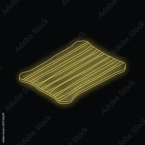 Simple yellow neon icon of a cutting board is glowing on a black background