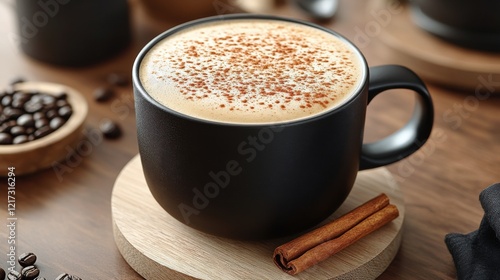 Warm cup of coffee with cinnamon sticks on a wooden surface during a cozy mor...