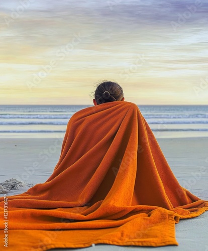 a woman wrapped in an orange towel is sitting on a sandy beach, contemplating the sunset. Summer leisure concept