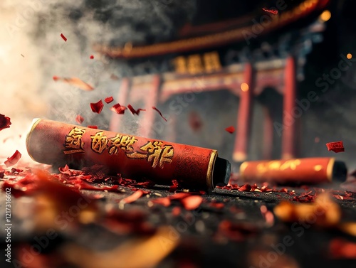 Firecrackers exploding near a traditional archway, with red paper fragments scattered around photo