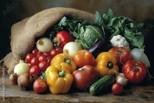 Freshly harvested vegetables in a burlap sack showcasing vibrant colors and t...