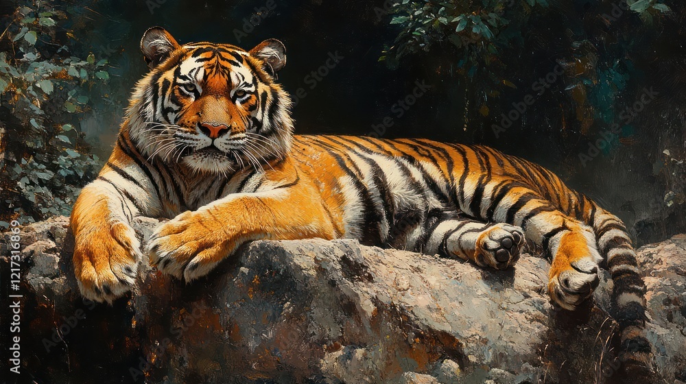 Obraz premium Majestic tiger resting on rock, jungle backdrop, wildlife conservation