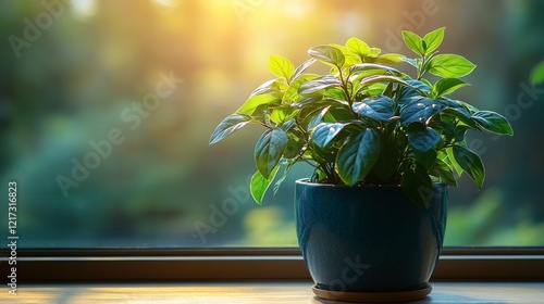 Fresh green herbs in a pot on a windowsill with warm sunlight shining through...