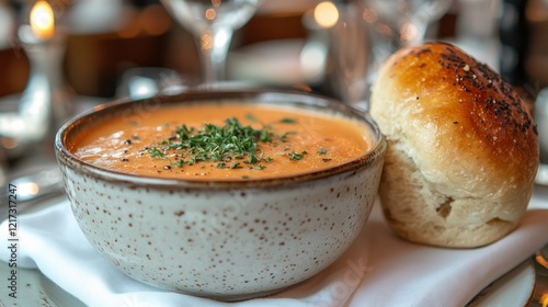 Creamy seafood chowder served with warm bread at a cozy dining setting during...