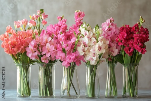 Bright pink flower arrangement in a clear vase on a marble table