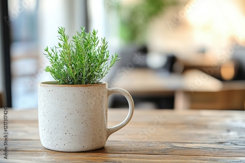 Small green plant in white cup placed on wooden table with warm sunlight in t...