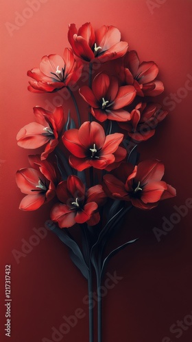 Blooming red tulips against a vivid red background in a stunning floral arran...