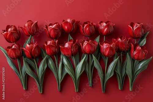 Bright red tulip bouquet against a vibrant red background in a modern floral ...