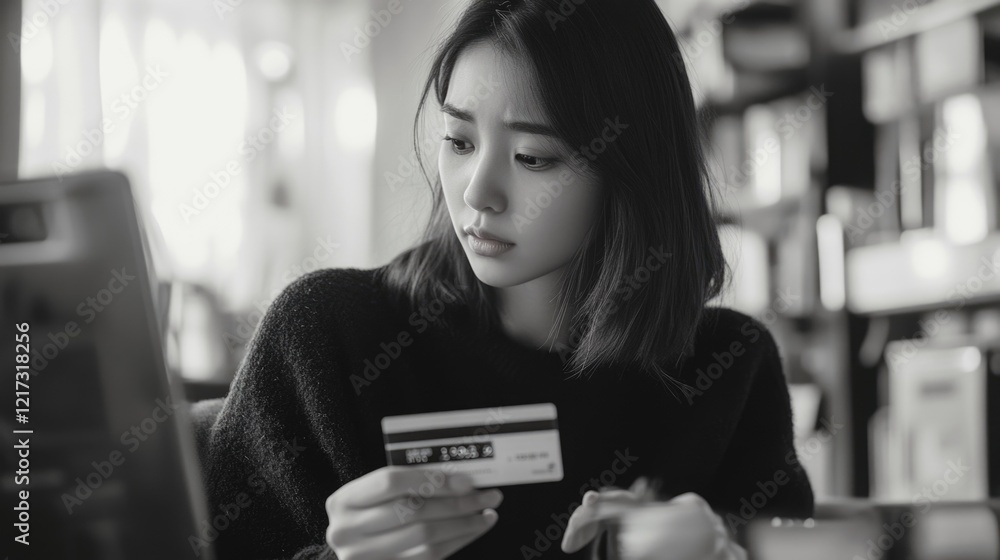 Fototapeta premium A woman is holding a credit card in her hand. She looks sad and is sitting at a desk