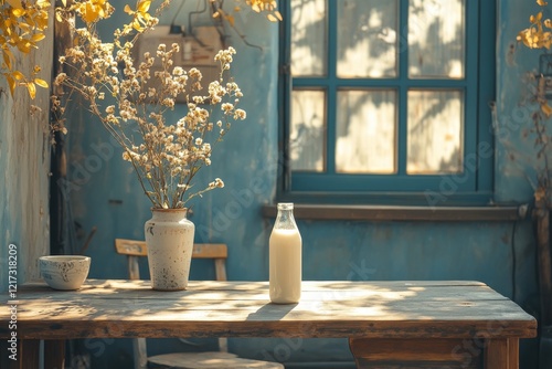 Bottle of milk on wooden table in a rustic kitchen filled with natural light ...