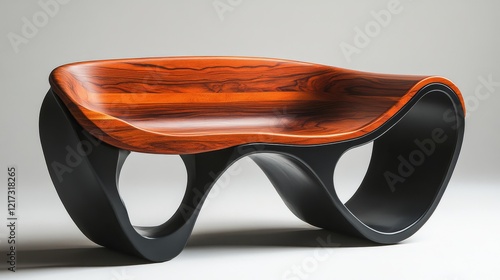 Modern sculptural bench combining sleek curves and rich wood grain for contem...