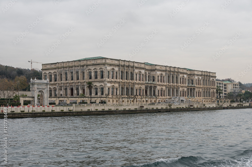 Obraz premium View of Ciragan palace (Çırağan Palace) in Istanbul, Turkey. Former Ottoman palace at the bank of Bosphorus.