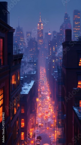 City skyline illuminated at night with busy street and glowing windows