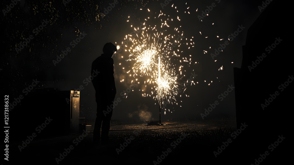 Silhouette of a person walking in the night and looking on fireworks Silhouette of a person walking in the night and looking on fireworks
