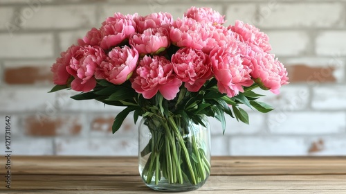 Bright pink peonies arranged in a ceramic vase on a rustic wooden table