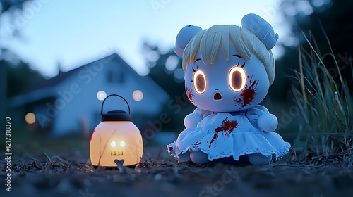 Creepy Bloody Doll in a Spooky Halloween Night Scene photo