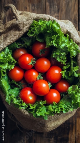 Fresh tomatoes and green lettuce in a burlap sack on a wooden table