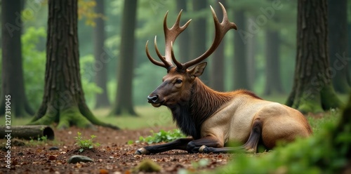 Elk bull rests on forest floor with exposed preorbital gland, forest, natural habitat, wild life photo