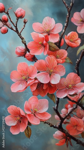 Vibrant pink flowers blooming on a branch in a sunny garden during springtime