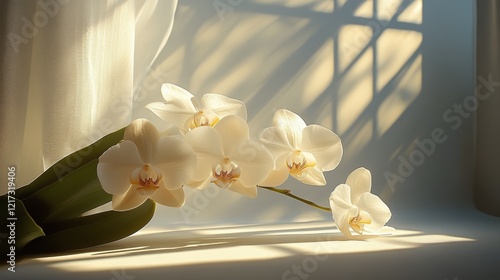 White orchids in elegant display with soft lighting on textured background