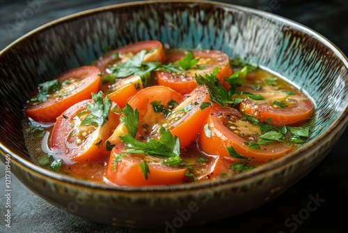 Fresh tomato salad with parsley in a stainless steel bowl prepared in a kitch...