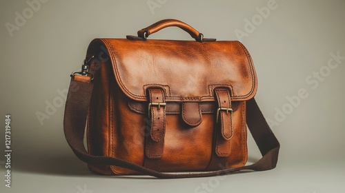 Stylish brown leather messenger bag on soft textured background in warm tones