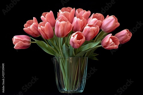 Beautiful bouquet of pink tulips arranged in a clear glass vase on a simple b...