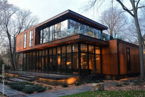 Modern architectural design of sleek building surrounded by trees during twil...