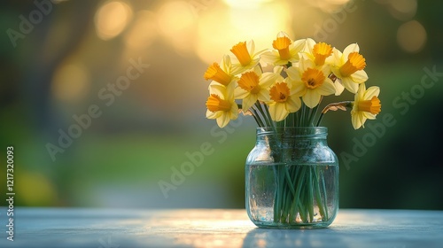 Daffodils blooming in a glass jar amidst a sunlit garden during springtime