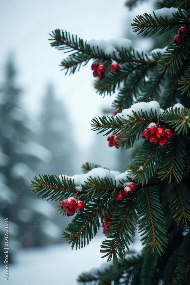 Dark green pine boughs covered in juicy red berries against a cold gray winter sky, evergreen, winter, forest Dark green pine boughs covered in juicy red berries against a cold gray winter sky, evergreen, winter, forest