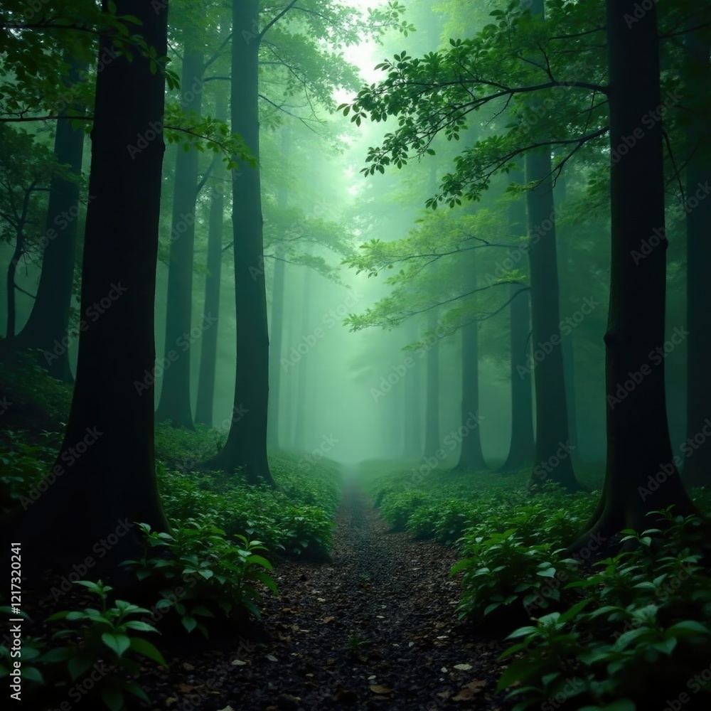 Naklejka premium Dark forest with dense foliage and misty atmosphere, nature, eerie
