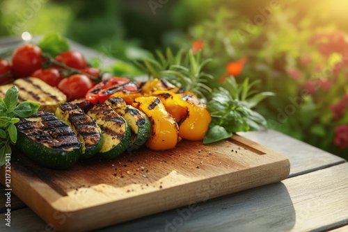 A close-up of a wooden cutting board with assorted grilled vegetables, including squash, peppers, and tomatoes, ready to be cooked on an outdoor barbecue. photo