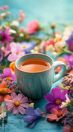 Brightly colored tea cup surrounded by vibrant flowers on a sunny afternoon