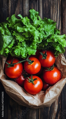 Fresh tomatoes and green lettuce in a burlap sack on a wooden table