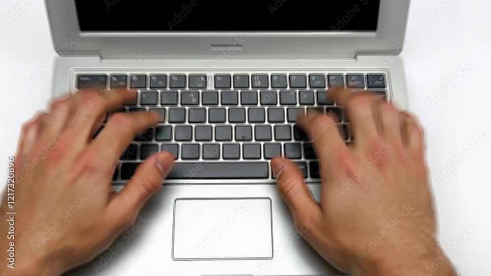 Hands typing on a silver laptop keyboard in a focused workspace with a blank screen in daylight Hands typing on a silver laptop keyboard in a focused workspace with a blank screen in daylight