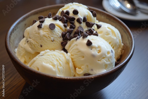 Delicious dessert bowl filled with creamy vanilla ice cream and chocolate chips