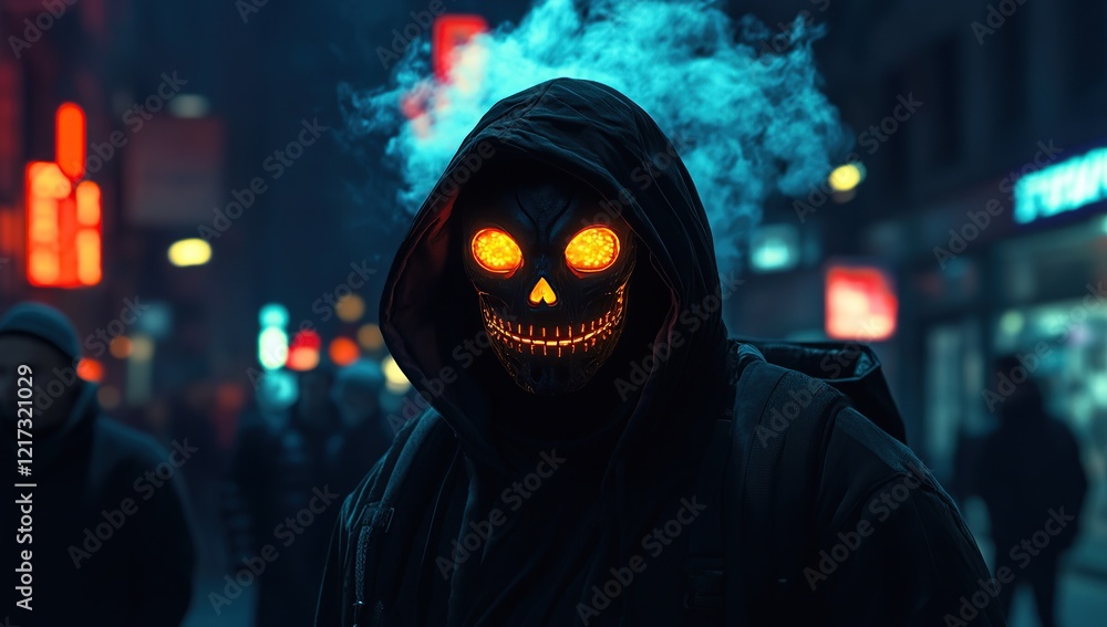 A cyberpunk-style hooded figure wearing an LED skull mask A cyberpunk-style hooded figure wearing an LED skull mask